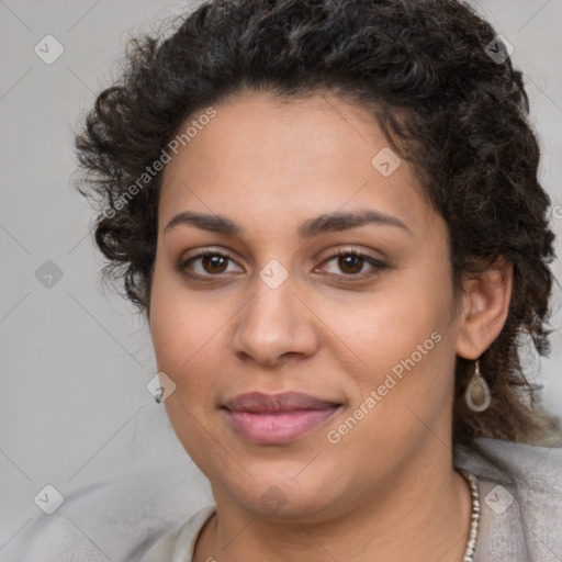 Joyful latino young-adult female with short  brown hair and brown eyes