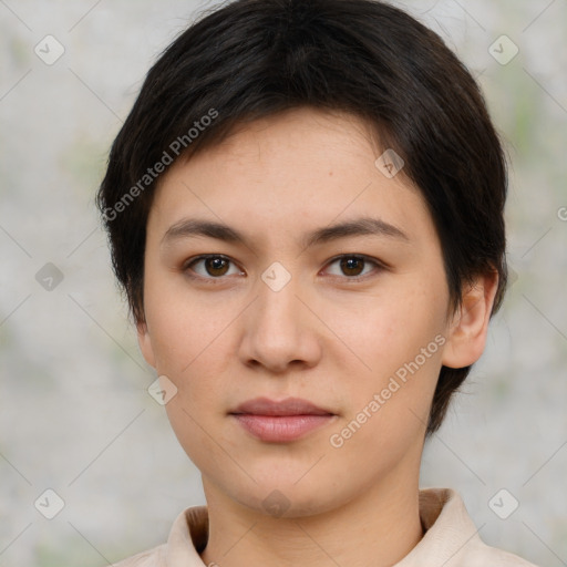 Neutral white young-adult female with short  brown hair and brown eyes