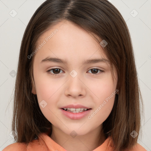 Joyful white child female with medium  brown hair and brown eyes