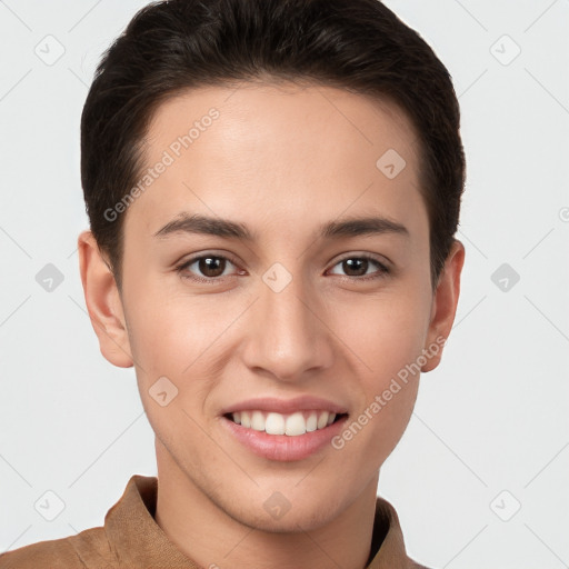 Joyful white young-adult female with short  brown hair and brown eyes