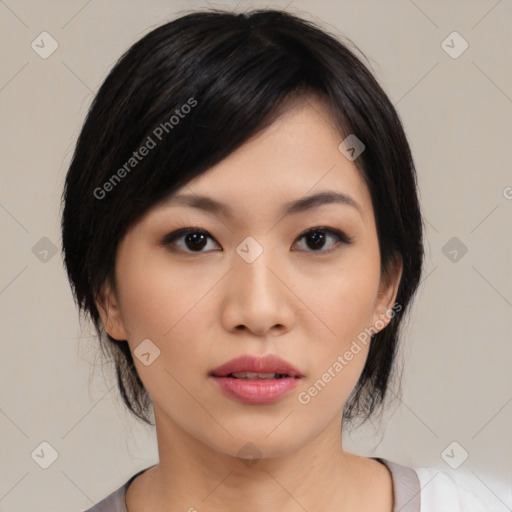 Neutral asian young-adult female with medium  black hair and brown eyes