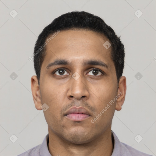 Neutral latino young-adult male with short  black hair and brown eyes