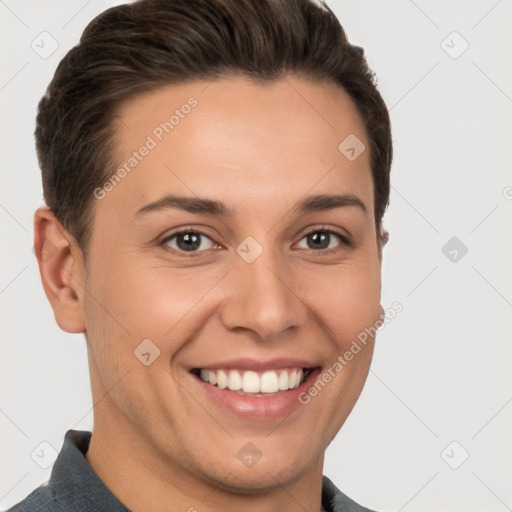 Joyful white young-adult female with short  brown hair and brown eyes