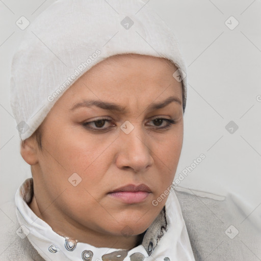 Neutral white young-adult female with short  brown hair and brown eyes