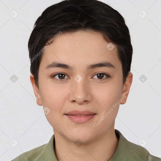 Joyful white young-adult female with short  brown hair and brown eyes