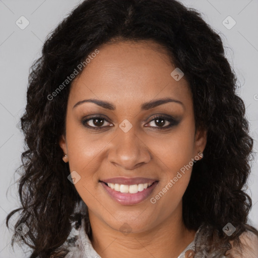 Joyful black young-adult female with medium  brown hair and brown eyes