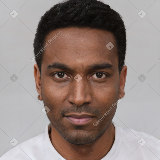 Neutral latino young-adult male with short  black hair and brown eyes