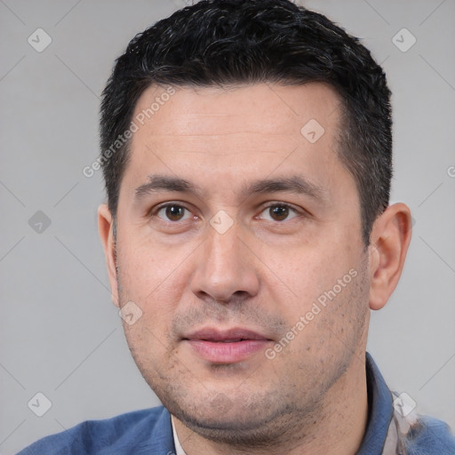 Neutral white adult male with short  black hair and brown eyes