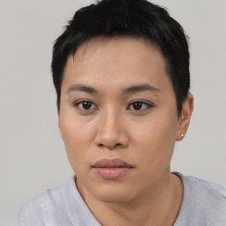 Neutral asian young-adult female with short  black hair and brown eyes