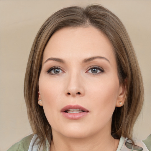 Neutral white young-adult female with medium  brown hair and brown eyes