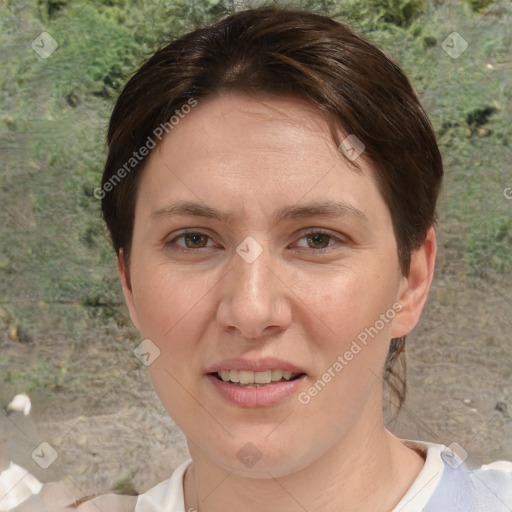 Joyful white young-adult female with medium  brown hair and brown eyes