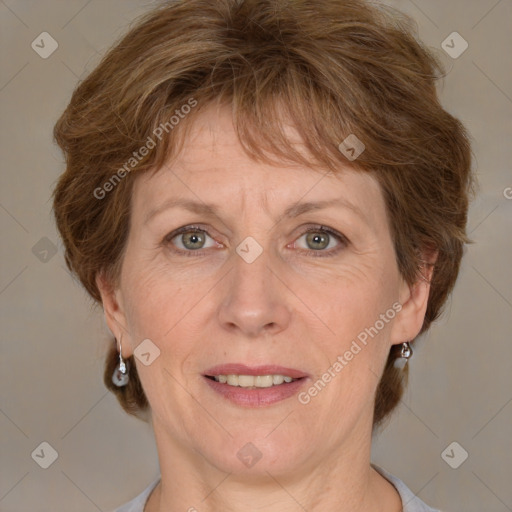 Joyful white adult female with medium  brown hair and grey eyes