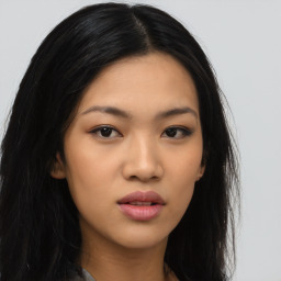 Neutral asian young-adult female with long  black hair and brown eyes