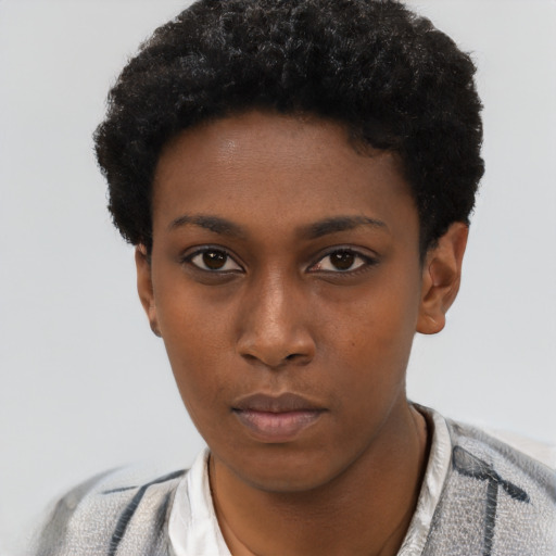 Neutral black young-adult female with short  black hair and brown eyes