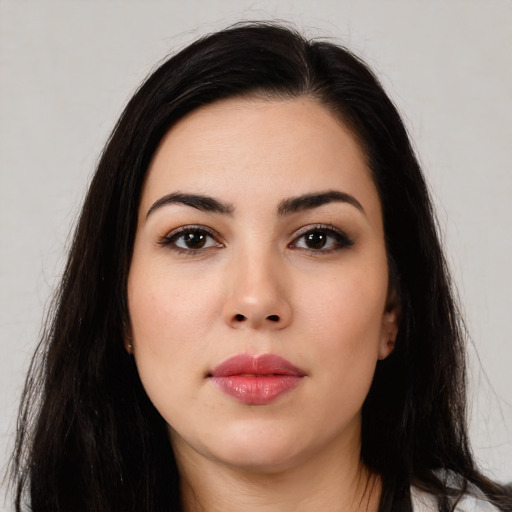 Neutral asian young-adult female with long  brown hair and brown eyes