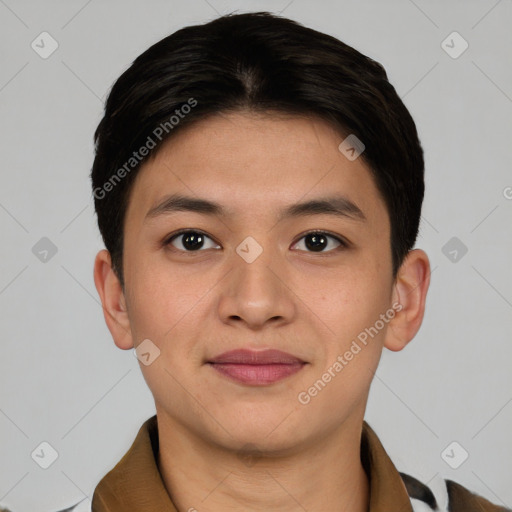 Joyful asian young-adult female with short  brown hair and brown eyes