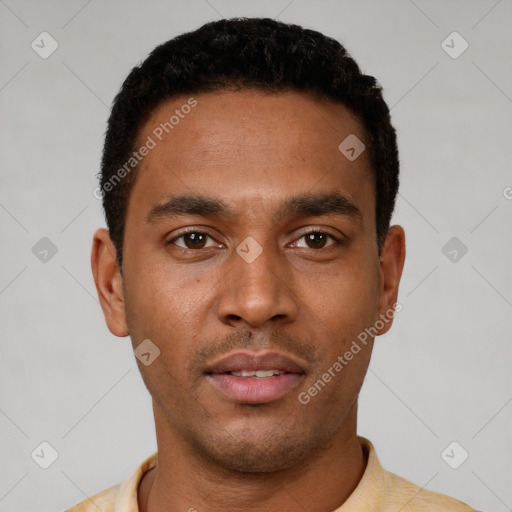 Neutral latino young-adult male with short  black hair and brown eyes