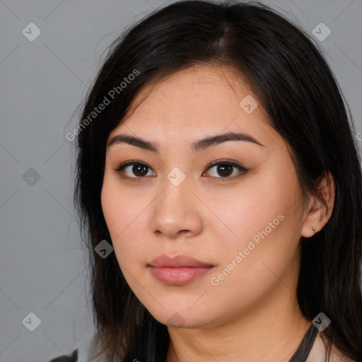 Neutral asian young-adult female with medium  brown hair and brown eyes