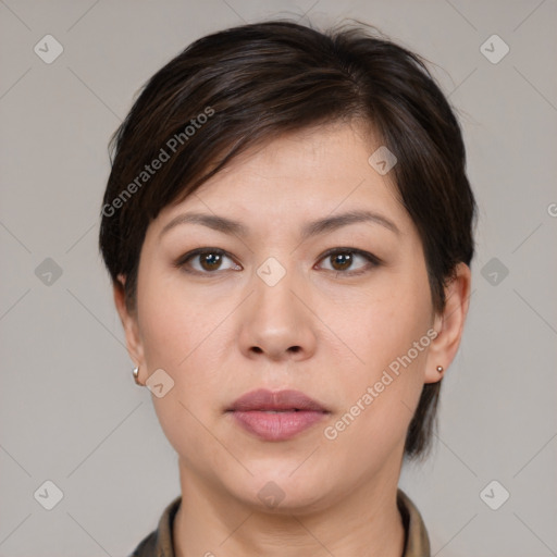 Neutral white young-adult female with medium  brown hair and brown eyes