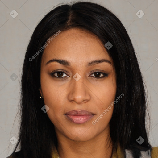 Joyful latino young-adult female with long  black hair and brown eyes