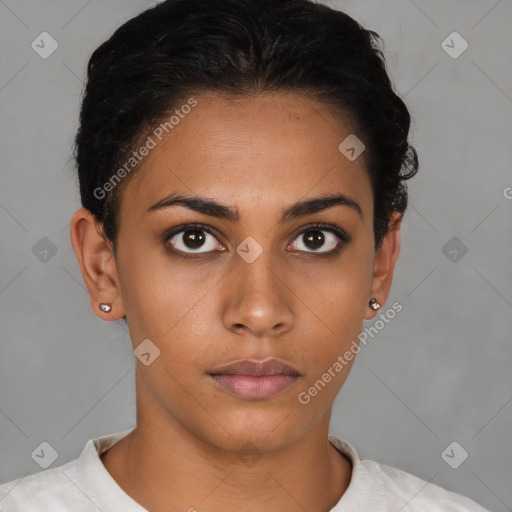 Neutral latino young-adult female with short  brown hair and brown eyes