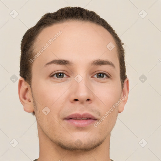 Neutral white young-adult male with short  brown hair and brown eyes