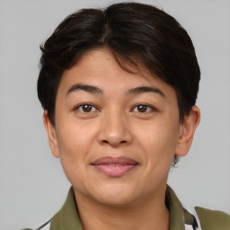 Joyful asian young-adult female with short  brown hair and brown eyes