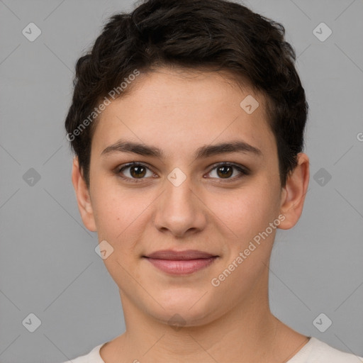 Joyful white young-adult female with short  brown hair and brown eyes