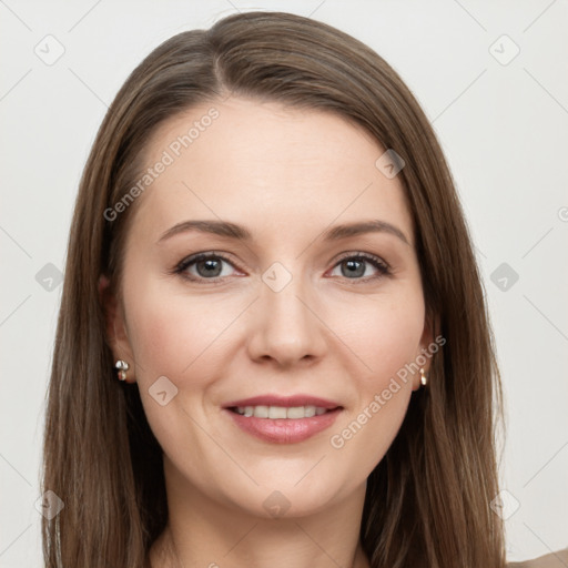 Joyful white young-adult female with long  brown hair and grey eyes