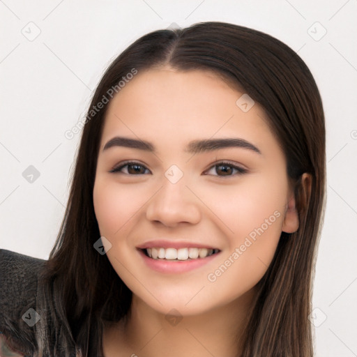 Joyful white young-adult female with long  brown hair and brown eyes