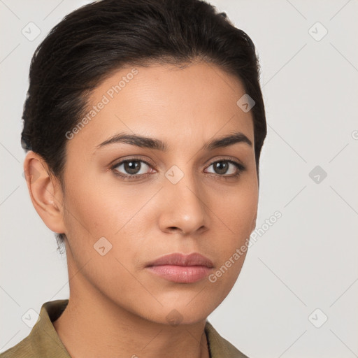 Neutral white young-adult female with short  brown hair and brown eyes