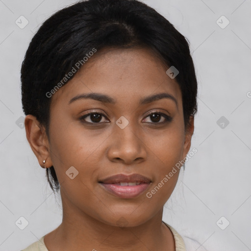 Joyful latino young-adult female with short  brown hair and brown eyes