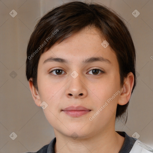 Neutral white young-adult female with short  brown hair and brown eyes