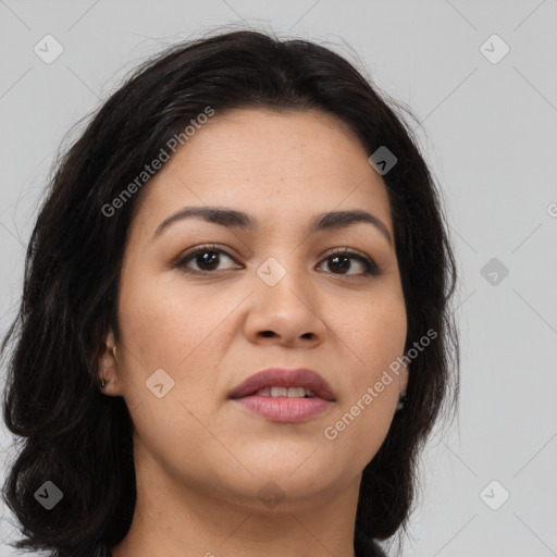 Joyful latino young-adult female with long  brown hair and brown eyes