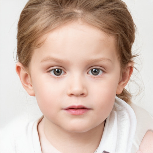 Neutral white child female with medium  brown hair and blue eyes