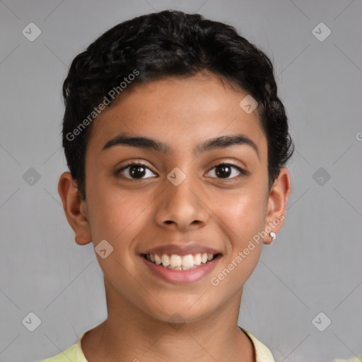 Joyful latino young-adult female with short  brown hair and brown eyes