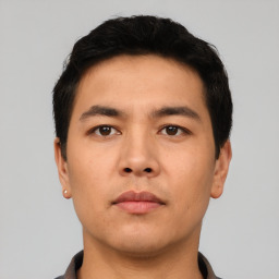 Neutral asian young-adult male with short  black hair and brown eyes