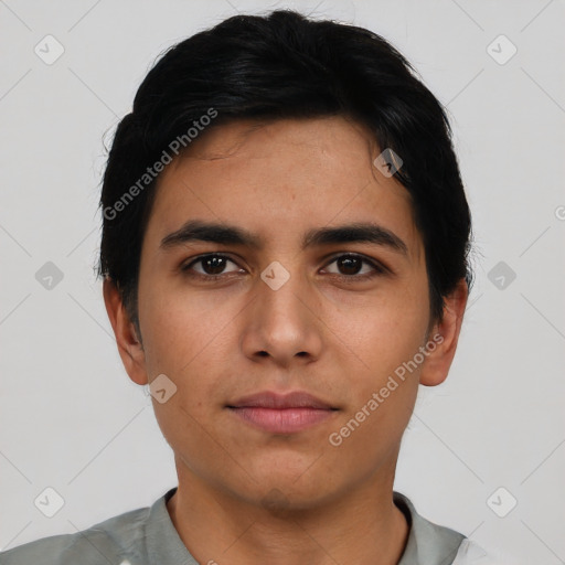 Neutral asian young-adult male with short  black hair and brown eyes