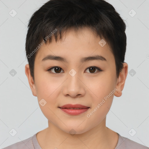 Joyful asian young-adult female with short  brown hair and brown eyes