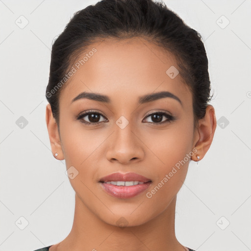 Joyful latino young-adult female with short  brown hair and brown eyes