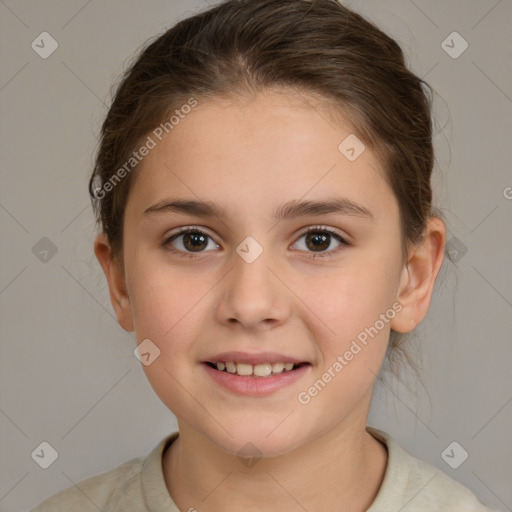 Joyful white child female with medium  brown hair and brown eyes