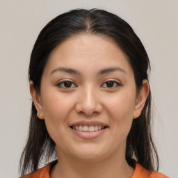 Joyful white young-adult female with medium  brown hair and brown eyes