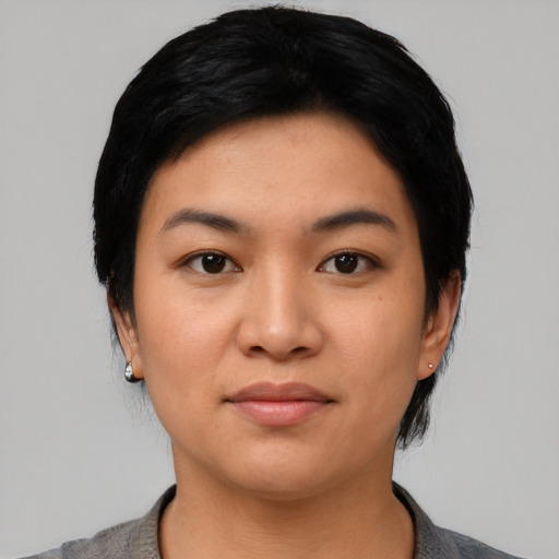 Neutral asian young-adult female with short  black hair and brown eyes