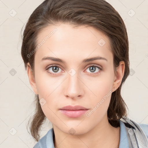 Neutral white young-adult female with medium  brown hair and grey eyes