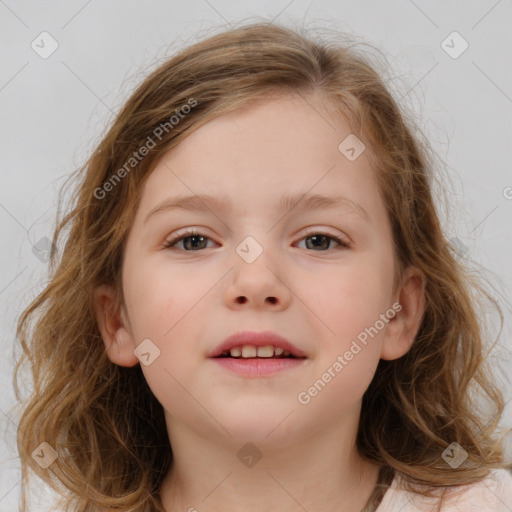 Joyful white child female with medium  brown hair and brown eyes