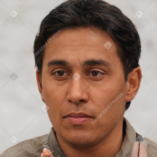 Neutral asian adult male with short  brown hair and brown eyes