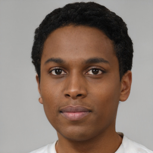 Neutral black young-adult male with short  black hair and brown eyes