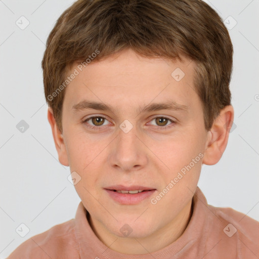 Joyful white child male with short  brown hair and brown eyes