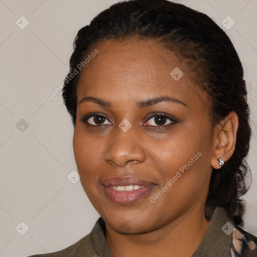 Joyful black young-adult female with medium  black hair and brown eyes