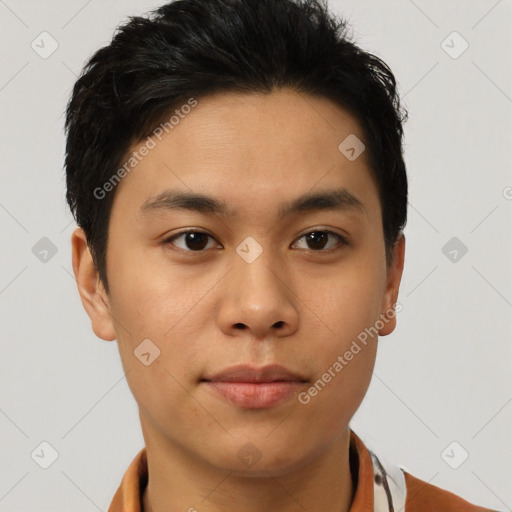 Neutral asian young-adult male with short  brown hair and brown eyes